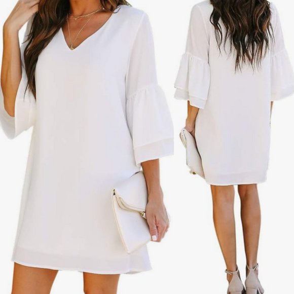 New Chalier Womens Medium White Ruffle Sleeve Shift Dress V-Neck Chiffon Poly - Picture 2 of 15